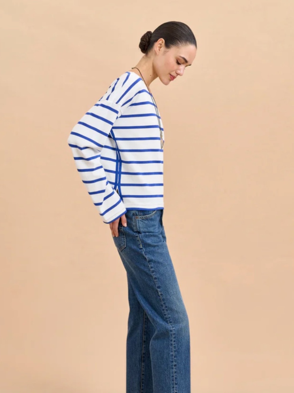 La Ligne Long Sleeve Breton Tee, Cobalt Blue/Ivory, Size Large - Picture 4 of 10